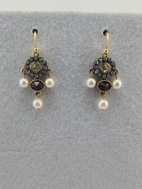Gold-Tone Pearl and Garnet Drop Earrings with Crystal Halo